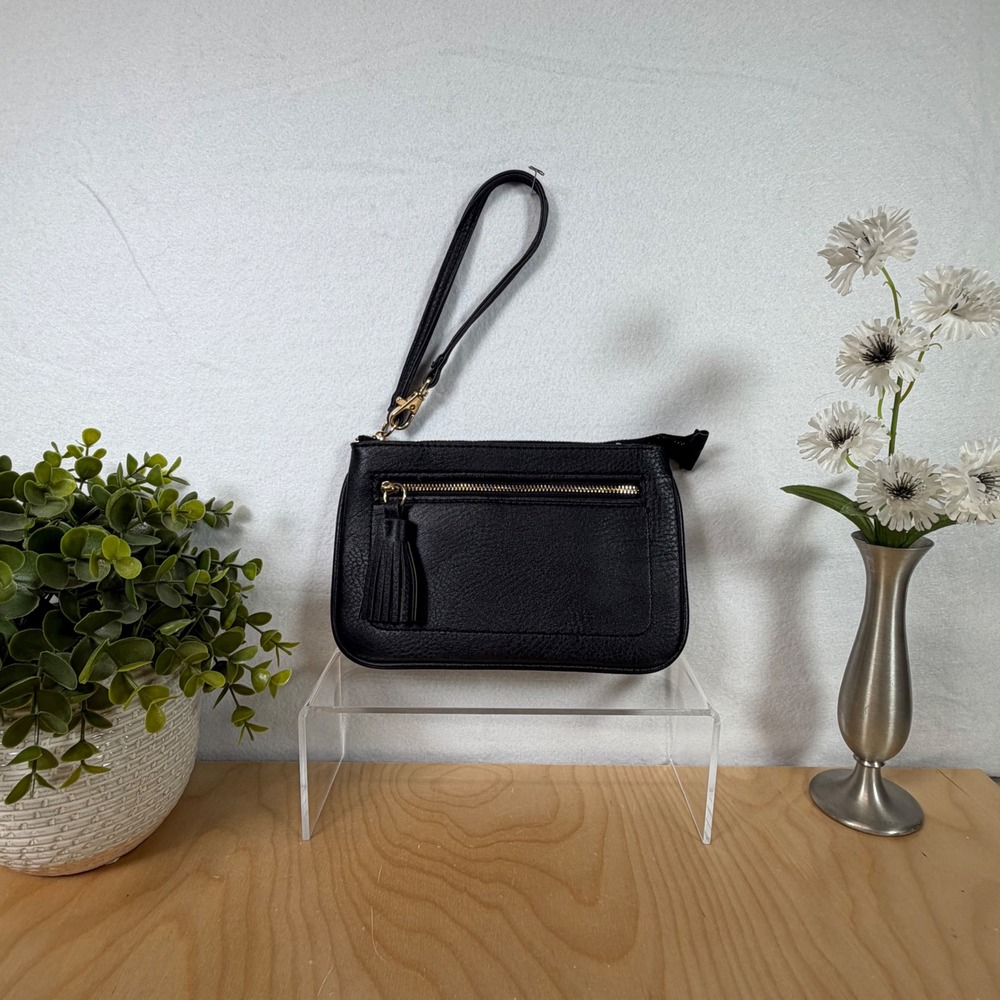 Black Wristlet Clutch Tassel Zip Top Pocket Small Bag‎ Handbag Purse